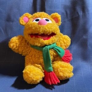 Yellow Plush Bear Toy with Green Scarf